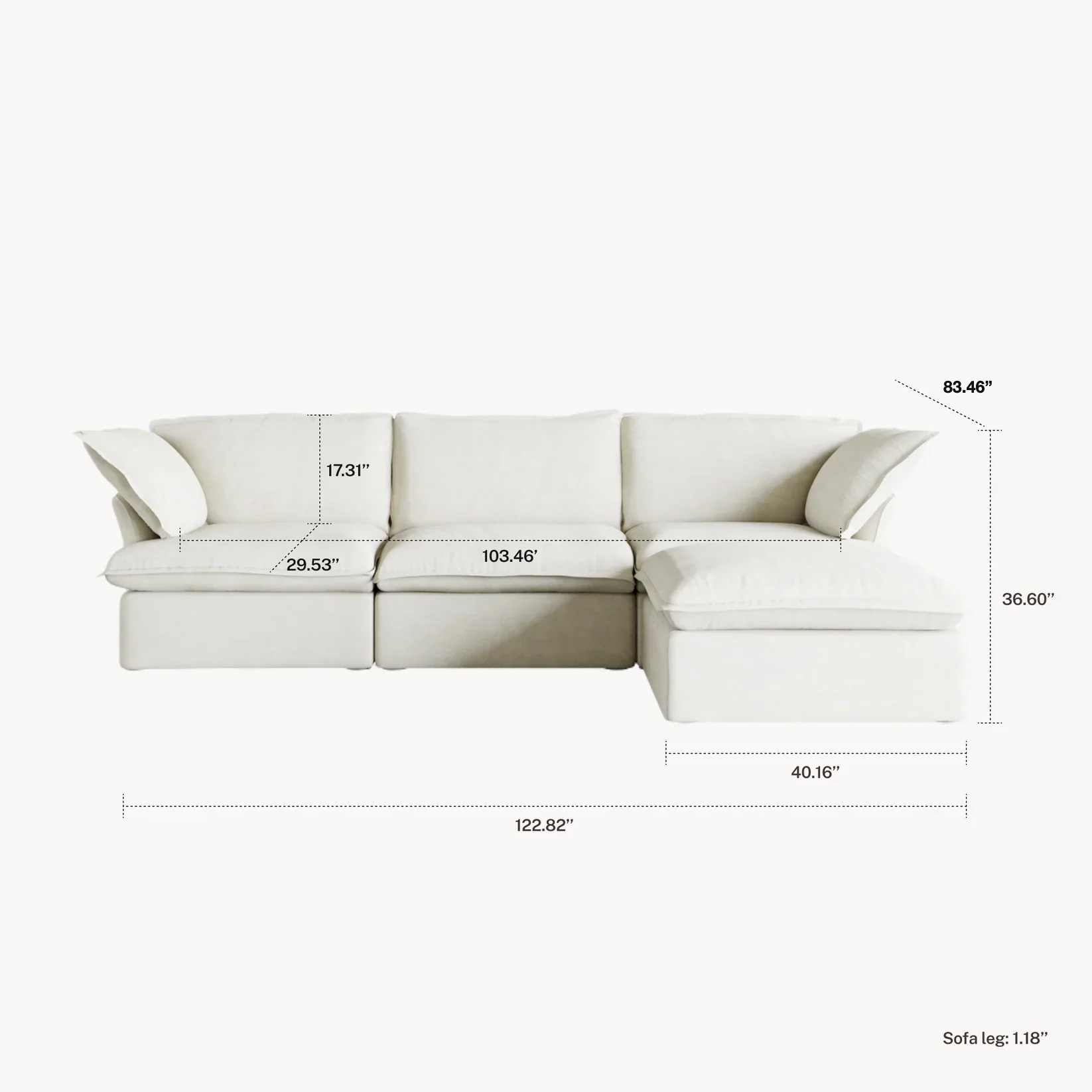 Mirewood Halo 3-seat L-shape sectional dimensions: 122.82 in wide, 83.46 in deep, 36.60 in high