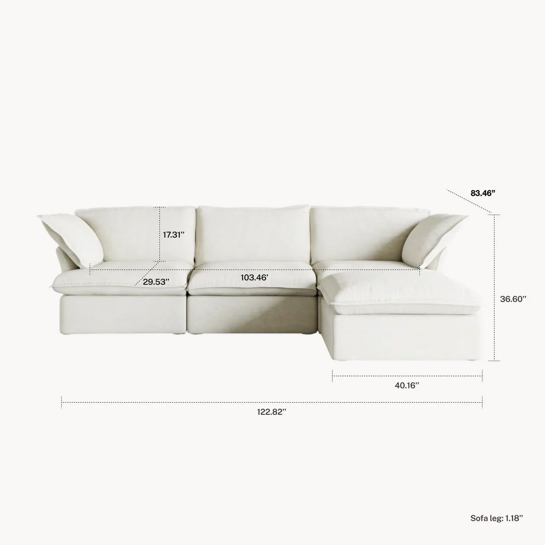 Mirewood Halo 3-seat L-shape sectional dimensions: 122.82 in wide, 83.46 in deep, 36.60 in high
