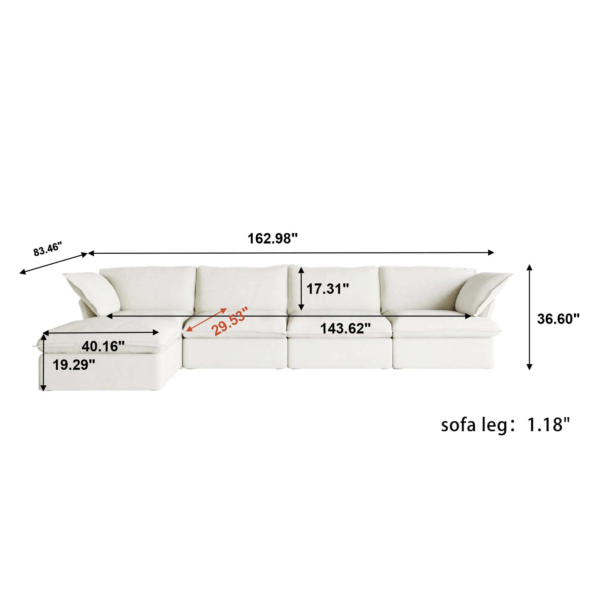 Mirewood Halo 4-seat L-shape sectional dimensions: 162.98 in wide, 83.46 in deep, 36.60 in high