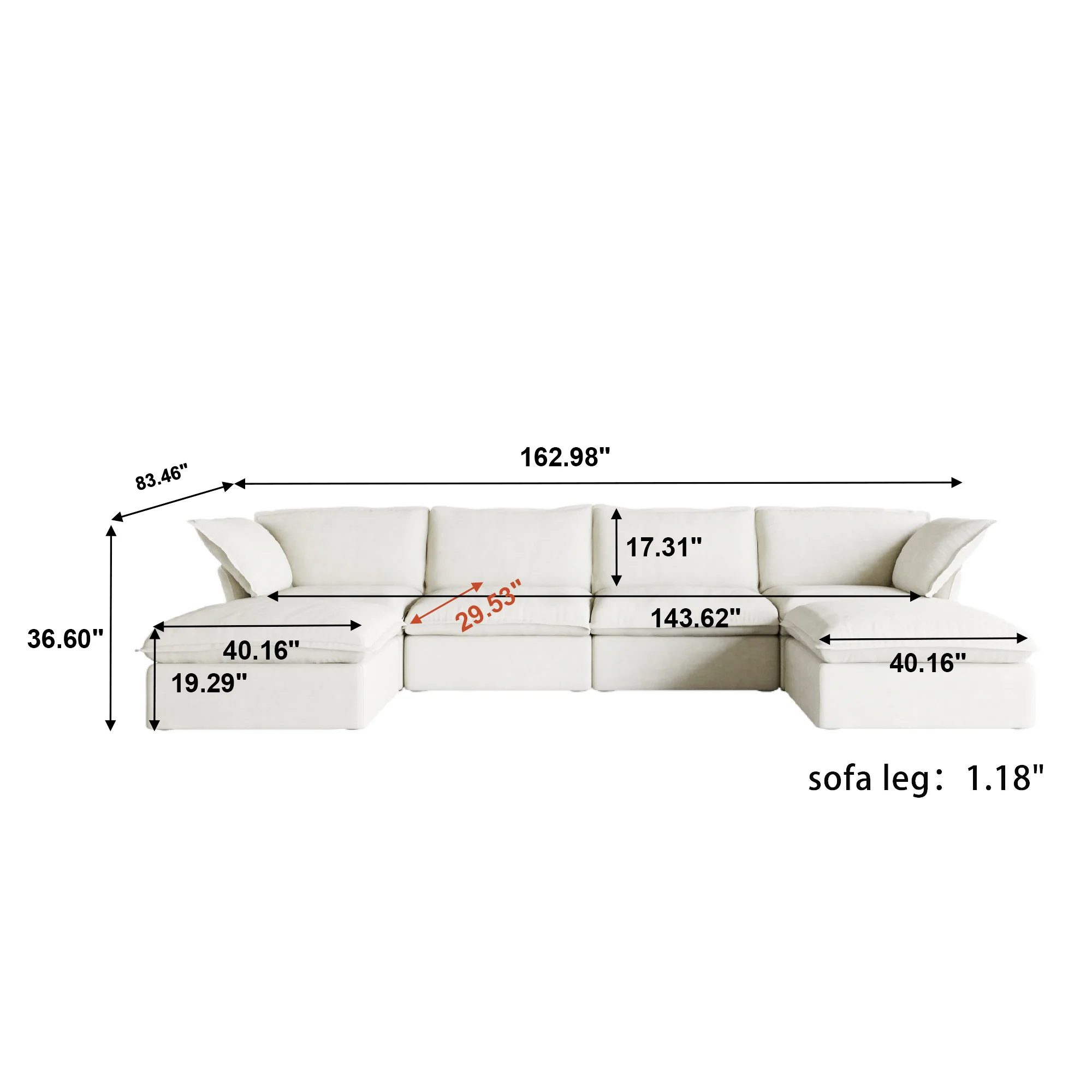 Mirewood Halo 4-seat U-shape sectional dimensions: 162.98 in wide, 83.46 in deep, 36.60 in high